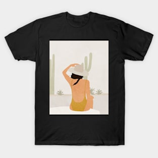 Woman, Hat, Cacti, Boho style art, Mid century art T-Shirt